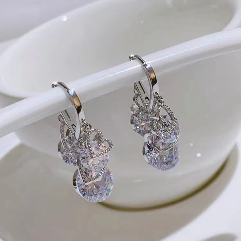Elegant Heart-Shaped Zircon Drop Earrings for Women - Korea Design Jewelry