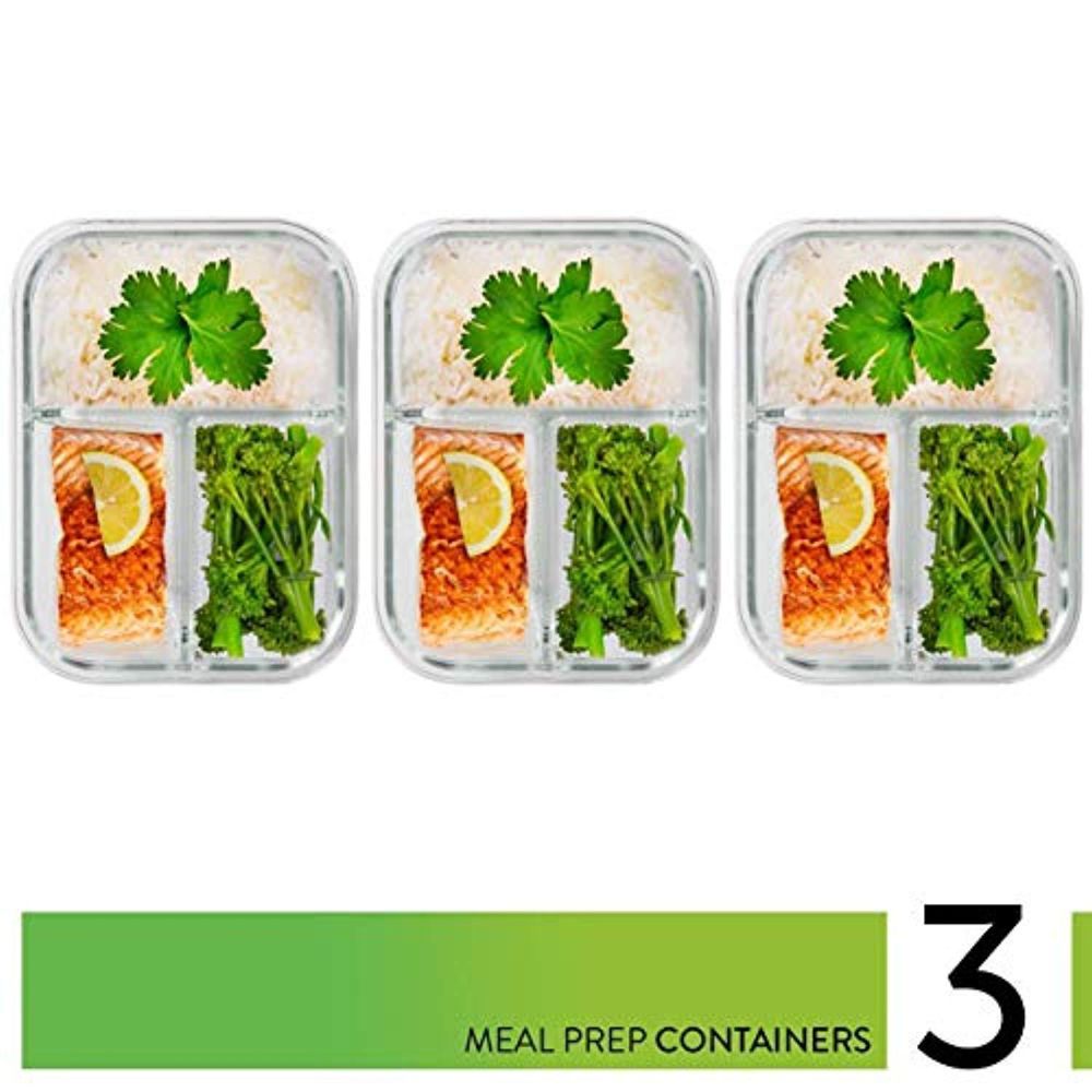 3-Compartment Glass Meal Prep Containers with Lids - Bento Box for Food Storage