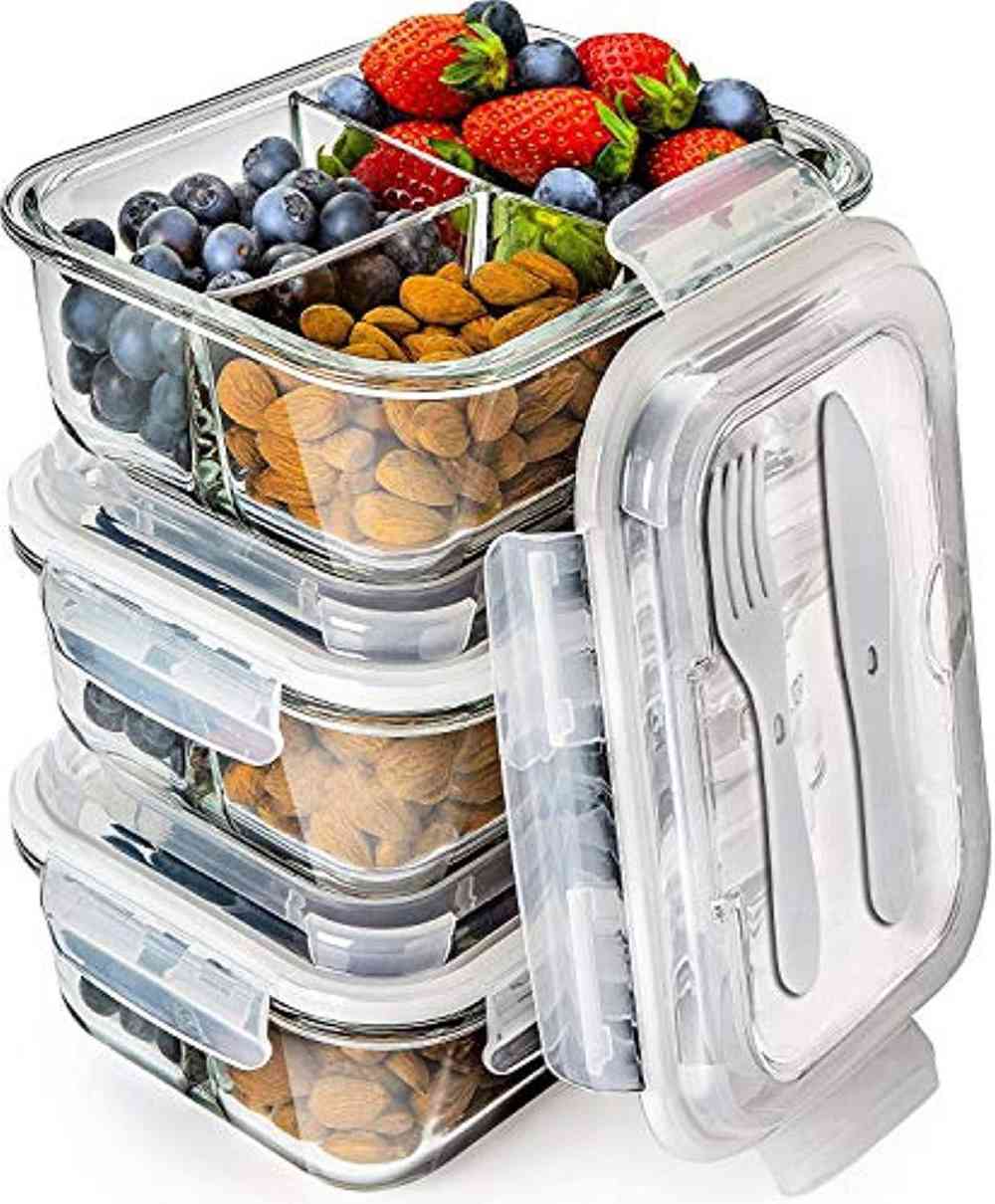 3-Compartment Glass Meal Prep Containers with Lids - Bento Box for Food Storage