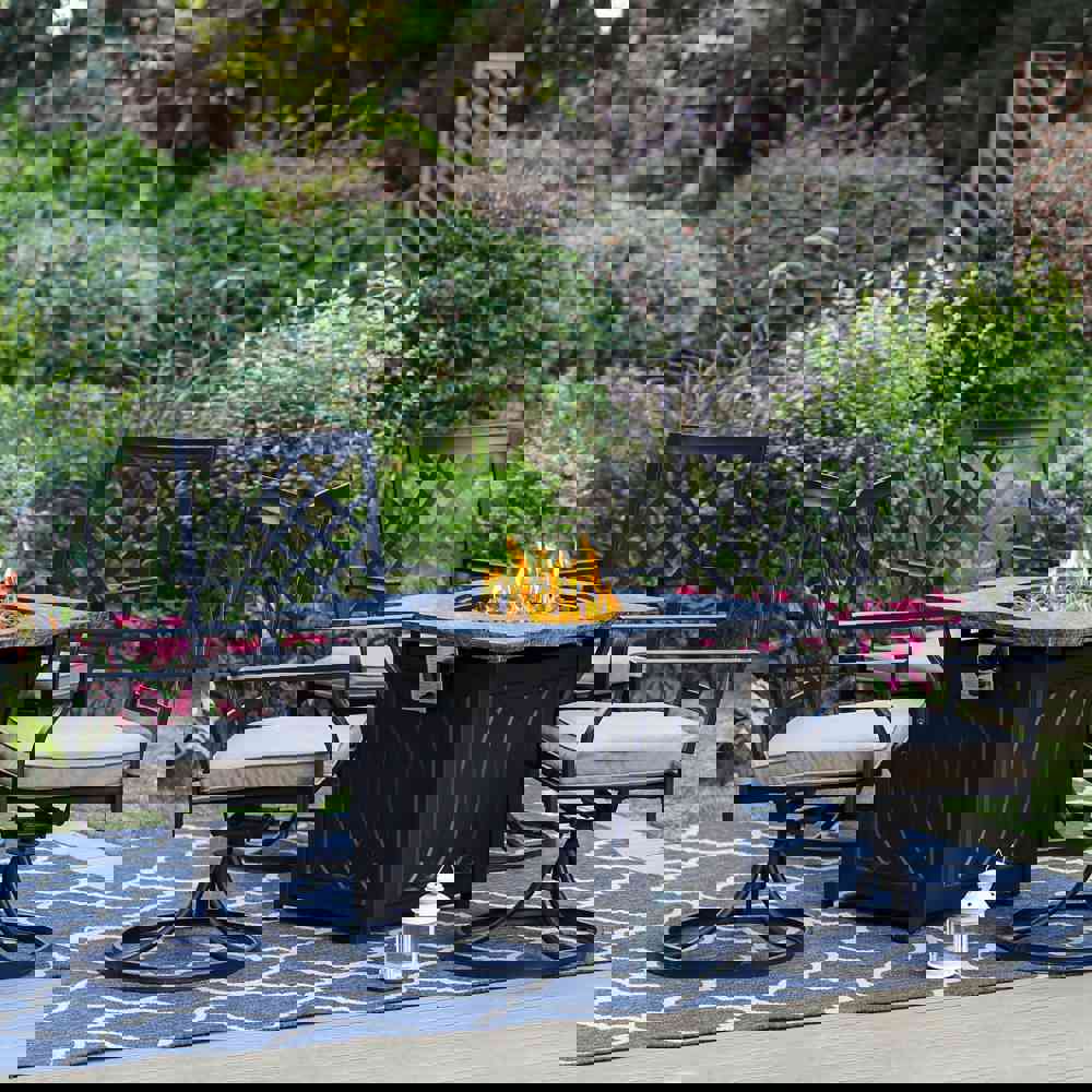 Phi Villa 5-Piece Outdoor Fire Pit Set with 32-inch Stone Texture TerraFab Square Table and Steel Swivel Chairs