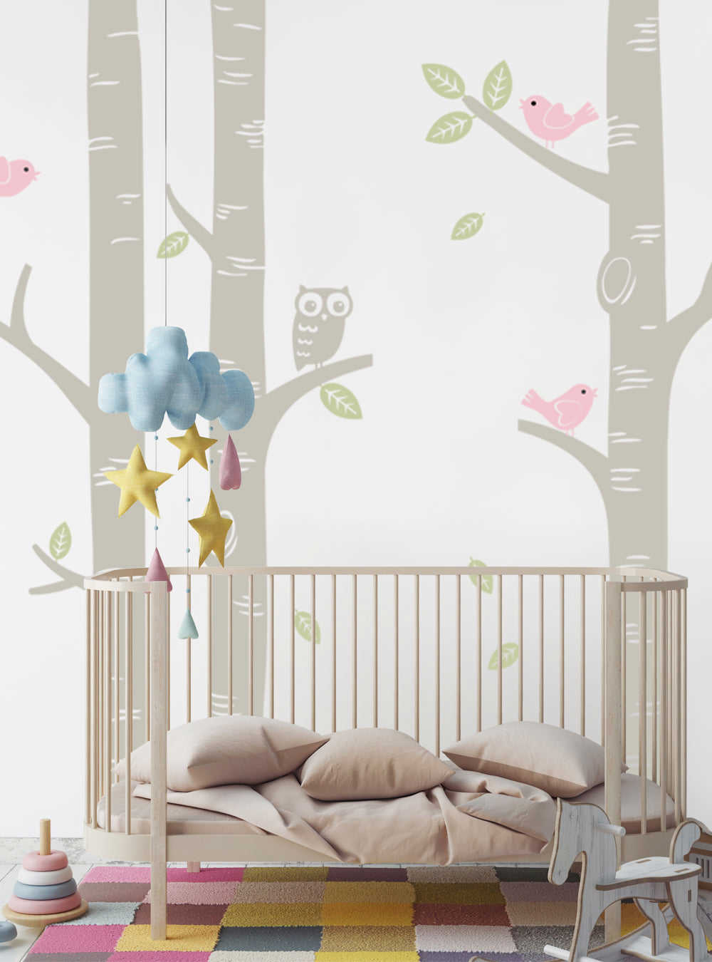 Birch Tree Wall Decal with Owl and Birds - Nursery Decor