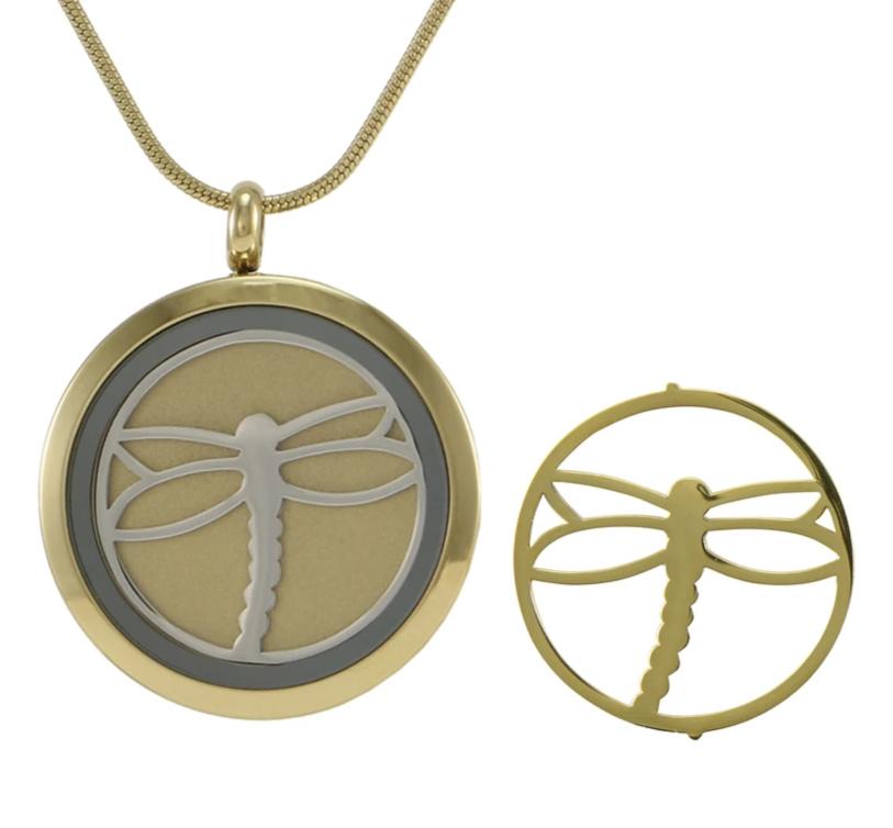 Round Pendant Dragonfly Necklace Cremation Jewelry with 2 Inserts