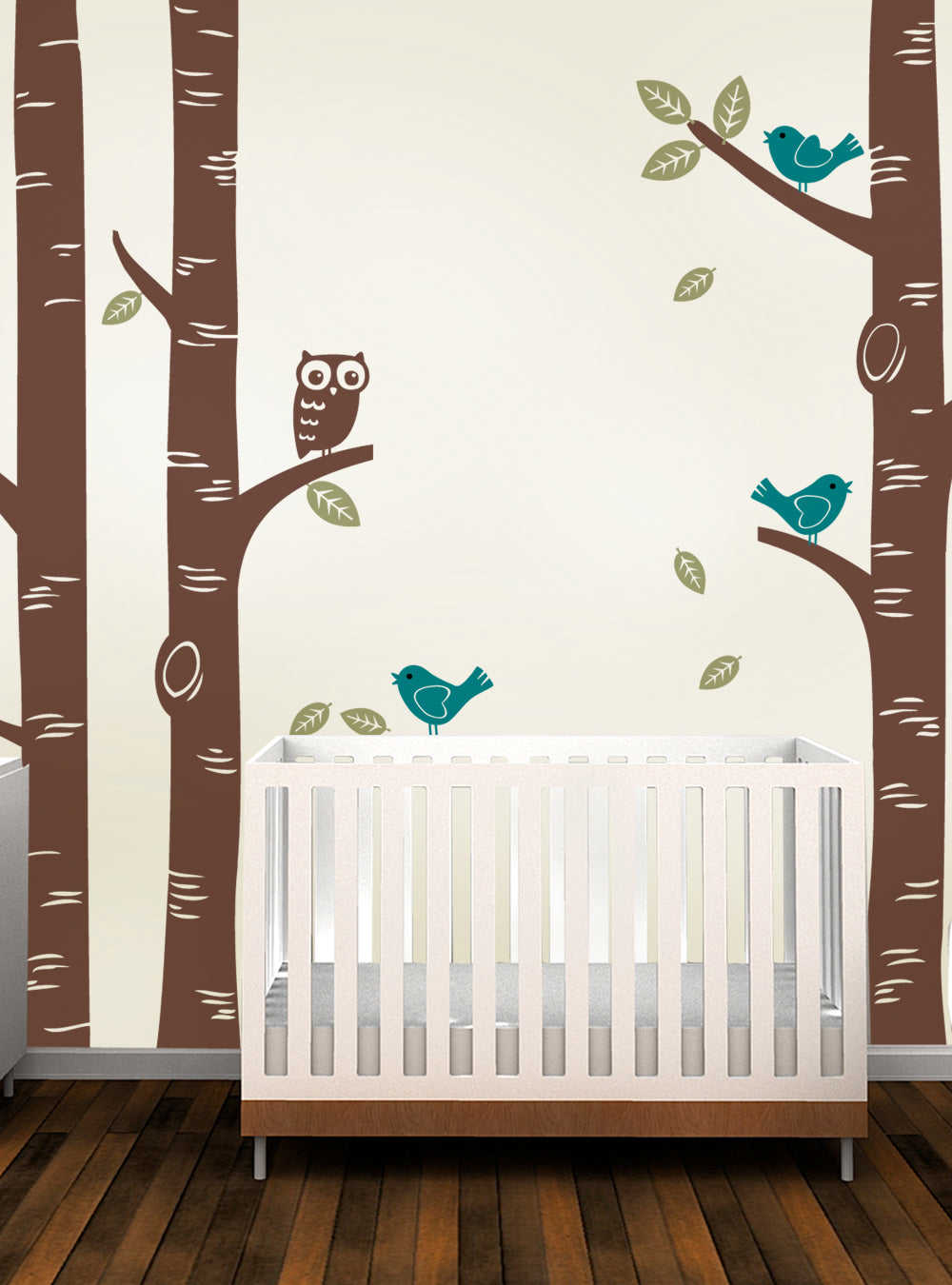 Birch Tree Wall Decal with Owl and Birds - Nursery Decor
